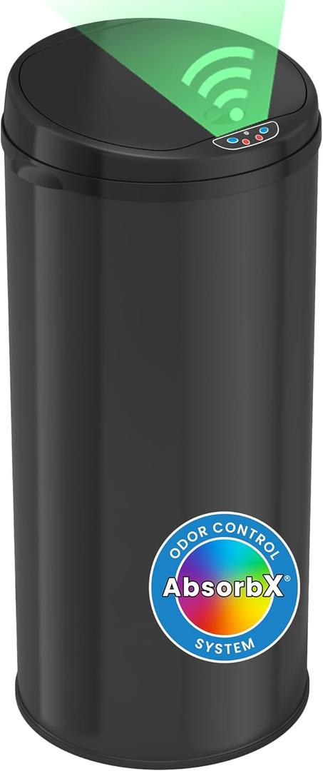 iTouchless 50 Liter / 13 Gallon Sensor Kitchen Trash Can with Odor Filter  Slim Round Black Stainless Steel Automatic Garbage Recycling Bin for Home, Office, Business, Garage