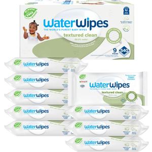 WaterWipes Plastic-Free Textured Clean, Toddler & Baby Wipes, 99.9% Water Based Wipes, Unscented & Hypoallergenic for Sensitive Skin, 540 Count (9 packs), Packaging May Vary