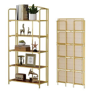 Crofy 5-Tier Wider Foldable Bookshelf, Gold Frame & Walnut Shelves | Collapsible Portable Storage Organizer; Sturdy Walnut Finish Shelves; Ideal for Living Room & Home Office