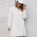 kipfall Women's Casual Dresses Long Sleeve Button V Neck Sweatshirt Dress Lapel Collared Pullover Dress (White, L)
