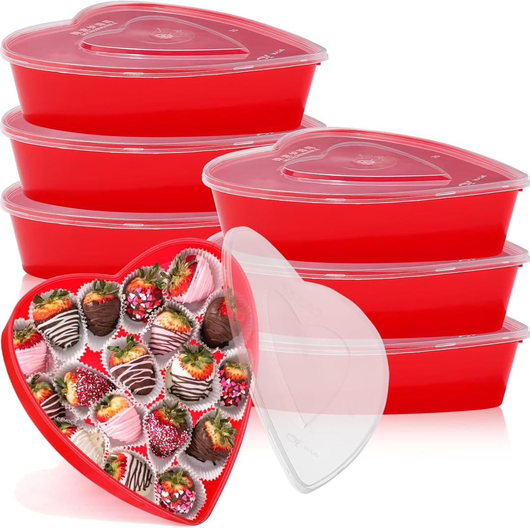 Hushee 6 Pcs Valentine's Day Heart Containers Plastic Food Storage Containers with Lids Heart Shaped Box Disposable Dessert Lunch Box for Valentines Restaurant Fruit Vegetable, 16.9 Oz/ 500 ml
