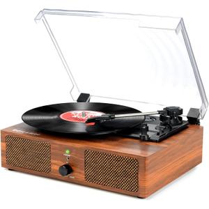Vinyl Record Player with Upgraded Speakers and USB,Belt-Driven Bluetooth Turntable with 3 Speed AUX Input Headphone Jack and RCA Output