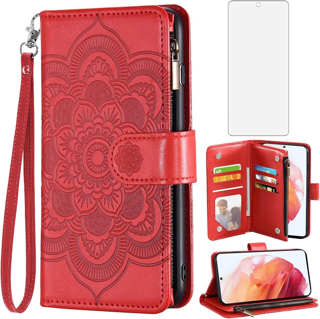 Asuwish Compatible with Samsung Galaxy S21 Glaxay S 21 5G 6.2 inch Wallet Case and Tempered Glass Screen Protector Flip Card Holder Stand Cell Accessories Phone Cover for Gaxaly 21S G5 Women Men Red