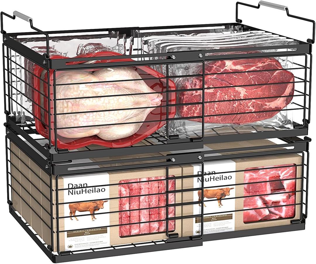 NADAMOO Freezer Organizer Bins, 2 Packs Large Expandable Stackable Chest Freezer Containers with Handle, Metal Adjustable Storage Baskets for Fridge, Deep Freezer, Cabinet, Kitchen, Pantry - Black