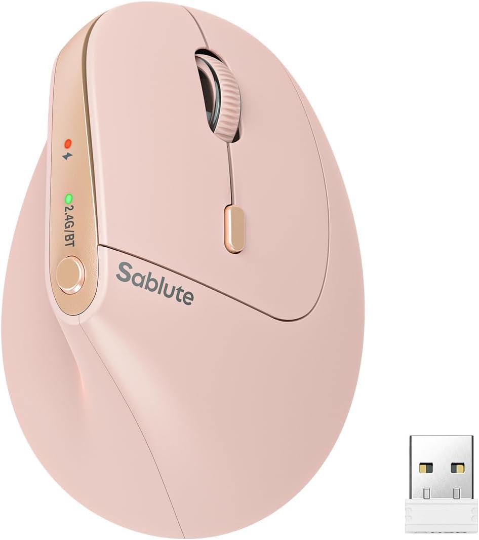 SABLUTE MAM3 Ergonomic Mouse, Rechargeable Wireless Vertical Mouse with 4 Adjustable DPI for Small/Medium Hands, Dual-Device Connectivity for Computer/PC/Laptop,Bluetooth Mouse for Window,Mac OS,Pink