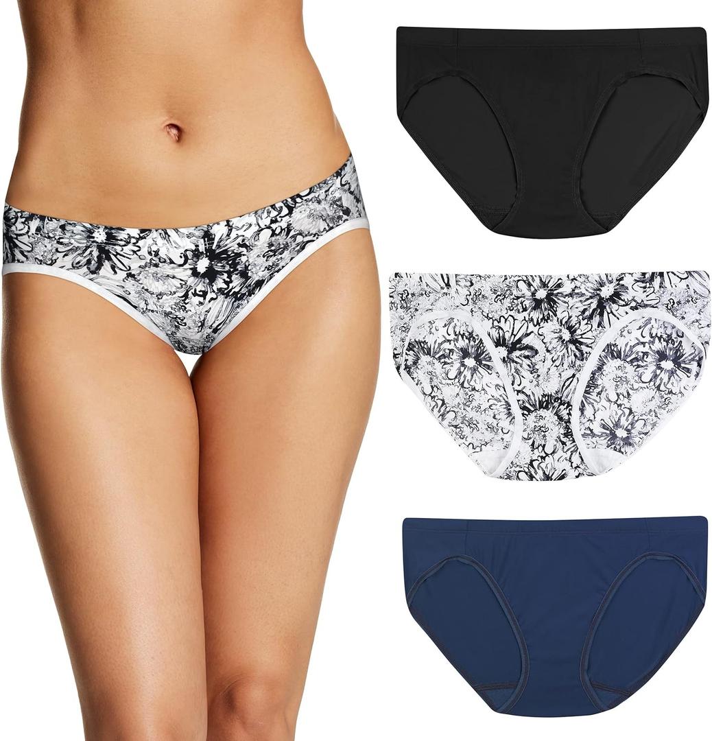Maidenform Barely There Women's Underwear Bikini Pack, Invisible Look Panties, 3-Pack (Medium, Black/Marker Floral Print/Navy)