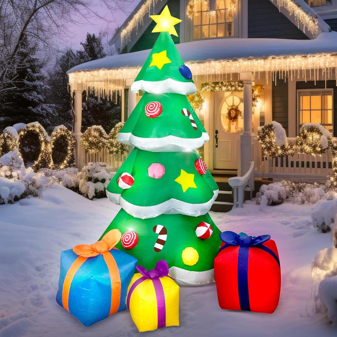 Christmas Inflatables Tree Outdoor Decoration, Giant Christmas Inflatable Tree with 3 Gift Boxes with Build-in LEDs for Blow Up Xmas Decoration, Indoor Outdoor Yard Garden Lawn Décor