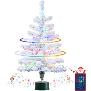 2FT Musical Rotating Snow Flocked Prelit Small Christmas Tree, White Tabletop Christmas Tree with 50 LED Lights, Battery or USB Cable Operated, Timer, Xmas Tree for Holiday Decoration