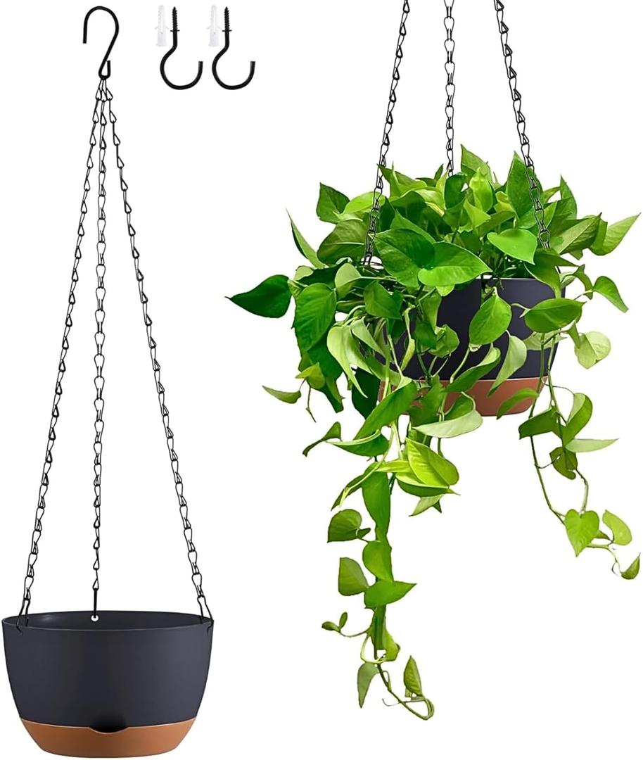 Set of 2 Hanging Planters for Indoor Outdoor Plants, 8 Inch Self-Watering Hanging Flower Pots with Drainage Hole & Removable Water-Storage Tray (Hooks) (Black)