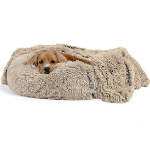 Round Pet Bed, Plush Soft Washable Self-Warming Calming Dog Bed Donut Cuddler Round Dog Bed Comfortable for Sleeping Winter(Beige,80cm)