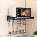 Wall Mount Microwave Oven Shelf, Kitchen Organizer Storage Holder with Hook Rail and 6 Slidable Hooks, for Small Kitchen Bathroom Microwave Oven Storage (Single Layer with Hook, Black)