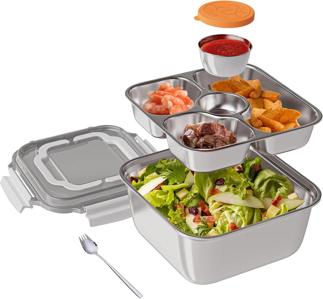 Stainless Steel Salad Container, 64oz Bowl with Built-in Spork, 3-Compartment Bento-Style Tray, and Dressing Container for Salad Toppings & Snacks