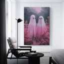 Vintage Ghost Canvas Painting Two Pink Ghosts Partying in The Forest Girls Room Wall Art Decoration Halloween Decoration Poster Artwork Picture Printing Home Poster Decoration 16x24inch(40x60cm)
