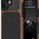 TENDLIN Compatible with iPhone 17 Case Wood Grain with Carbon Fiber Texture Design Leather Hybrid Slim Case (Black)