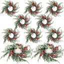 10 Pcs Christmas Candle Rings Wreath Artificial Candle Rings with Red Berry, Snowy Pine Garland Candle Ring Holder for Christmas Decorations Table Centerpiece