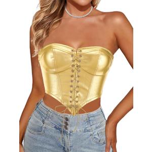 Women's Vintage Corset Lace Up Side Zip Bustier Boned Mesh Strapless Bodyshaper Sexy Crop Top (Medium, Gold)
