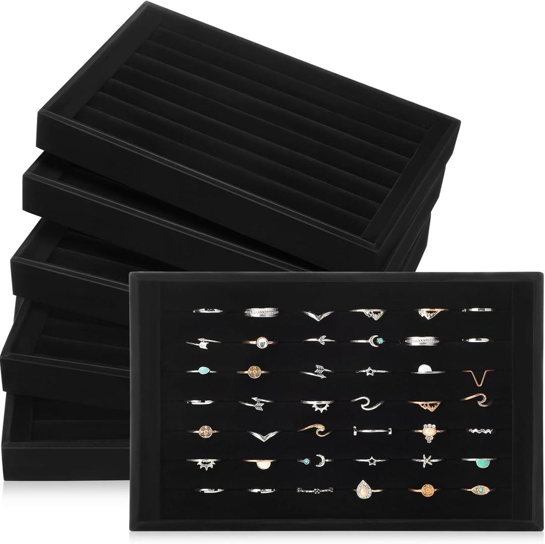 JaGely 6 Pcs Jewelry Ring Tray 7 Slots Ring Organizer Stackable Holder for Jewelry Display Drawer Insert for Dresser Earring (Black)