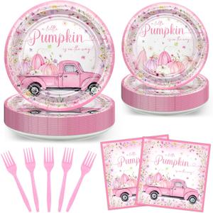 Avezano 96 PCS Little Pumpkin Baby Shower Decorations Pink Pumpkin Plates and Napkins for Girls Fall Autumn Baby Shower Decoration Supplies, Serves 24