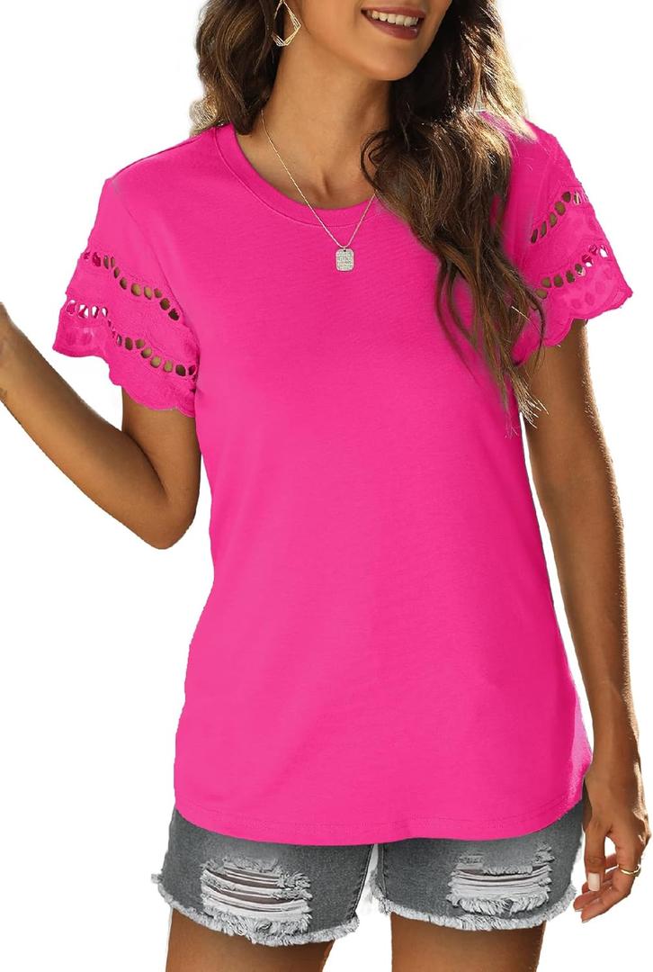 Womens Lace Short Sleeve T Shirts Summer Tops Loose Casual Tee Shirt (X-Large, Rose Red)