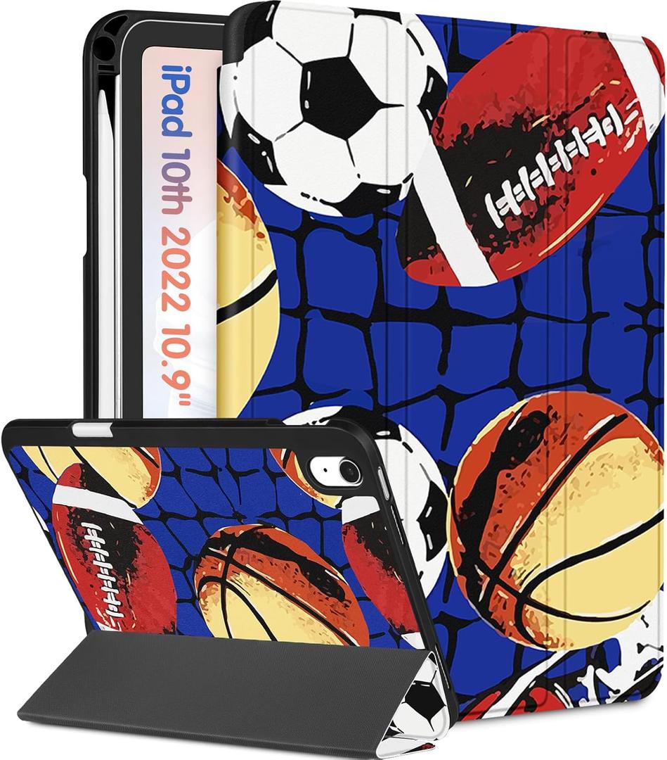 iPad A16 Case 2025 - for iPad 10th Generation Case Cute Men Boys Kids Teens Basketball Design Unique Cool Pencil Holder Auto Sleep/Wake Tablet Cover for Apple 11/10 10.9 Inch (7-Balls)