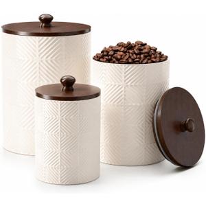 Ceramic Canisters Sets for the Kitchen - Kitchen Canisters for Countertop with Airtight Bamboo Lids - Ceramic Canister Set of 3 for Flour, Sugar, Tea or Spice - Airtight Coffee Canister