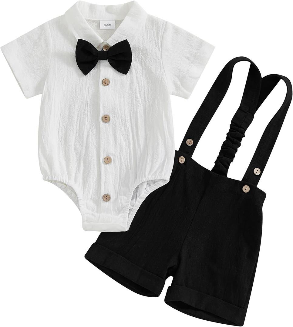 GOOCHEER Newborn Baby Boy Gentleman Outfit Suit Short Sleeve Bowtie Romper Shirt Suspender Shorts Summer Dress Clothes Set 9-12M