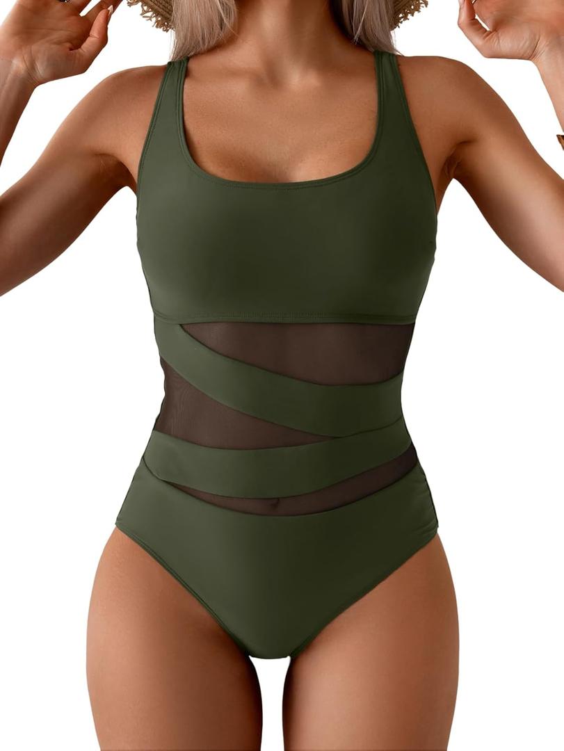 B2prity Women's Mesh One Piece Swimsuit Tummy Control Sexy Bathing Suit Push Up Swim Suit Slimming Swimwear (XX-Large, Army Green Black)