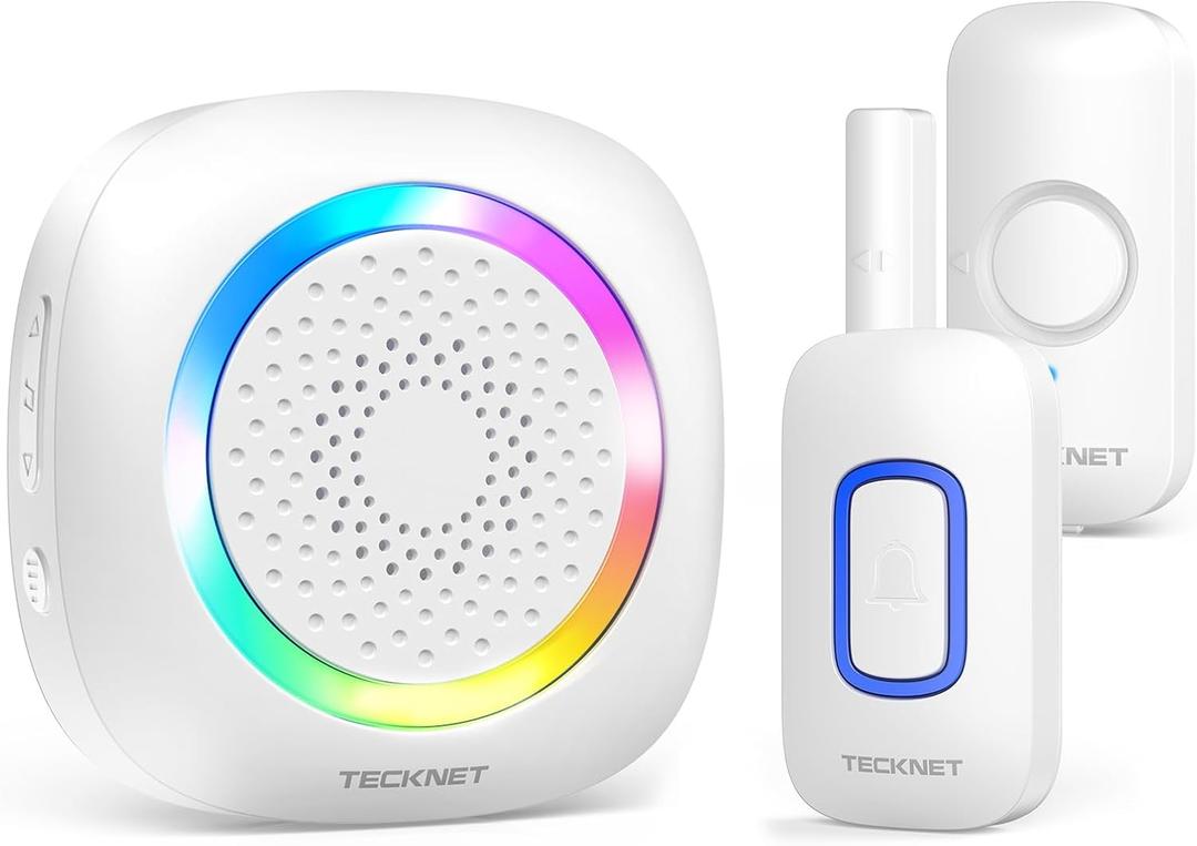 TECKNET Door Chimes When Door Opens, Wireless Door Sensor Chime Alarm with 1000Ft Range, 61 Songs, 5 Volume Levels, RGB Light, Door Chime for Business/Store/Home/Office When Entering (White)