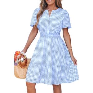 Popvil Women Summer Mini Gingham Dress 2026 A Line Casual Sun Dress Short Sleeve Beach Vacation V Neck Short Dress (Medium, Light Blue)
