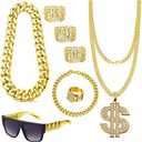 EIELO 80s 90s Accessories Outfit for Men Hip Hop Costume Kit Old School Rapper Sunglasses Faux Gold Rope Chain Bracelet Dollar Sign Chain Ring Kanji Ring Halloween Party Decorations