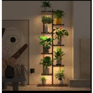 Solatmos Bamboo Plant Stand With Grow Lights Indoor Plants Outdoor Corner Plant Shelf Flower Stands for Living Room Patio Garden Corner Balcony (light brown)