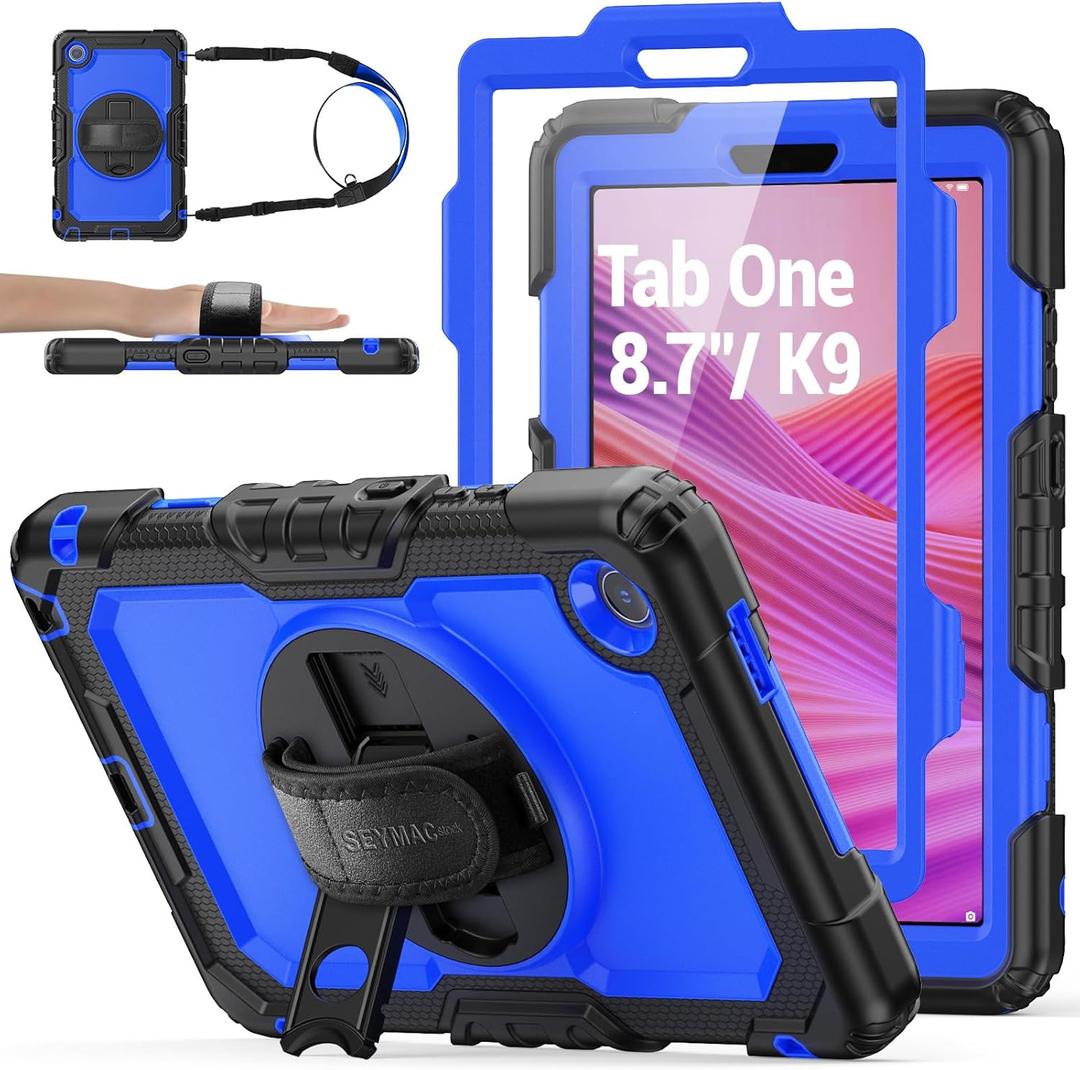 SEYMAC stock Tablet Case for Lenovo Tab One / K9 (TB305FU) 8.7 inch Drop-Proof Protection Cover with 360 Rotate Stand & Strap [Pen Holder] & Screen Protector 2025, Deepblue+Black