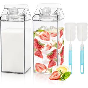 Bekith 2 Pack 64 Oz Large Milk Carton Water Bottle, Clear Plastic Milk Bottle with Cleaning Brush, Portable Leakproof Square Juice Bottle Reusable Milk Container for Outdoor Sports Travel Camping
