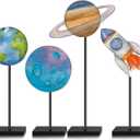 Yinkin 4 Pcs Space Centerpieces for Tables Outer Space Party Decorations Wooden Standing Rustic Planets Earth Block for Solar System Birthday Decorations Themed Party Supplies Tiered Tray Decor