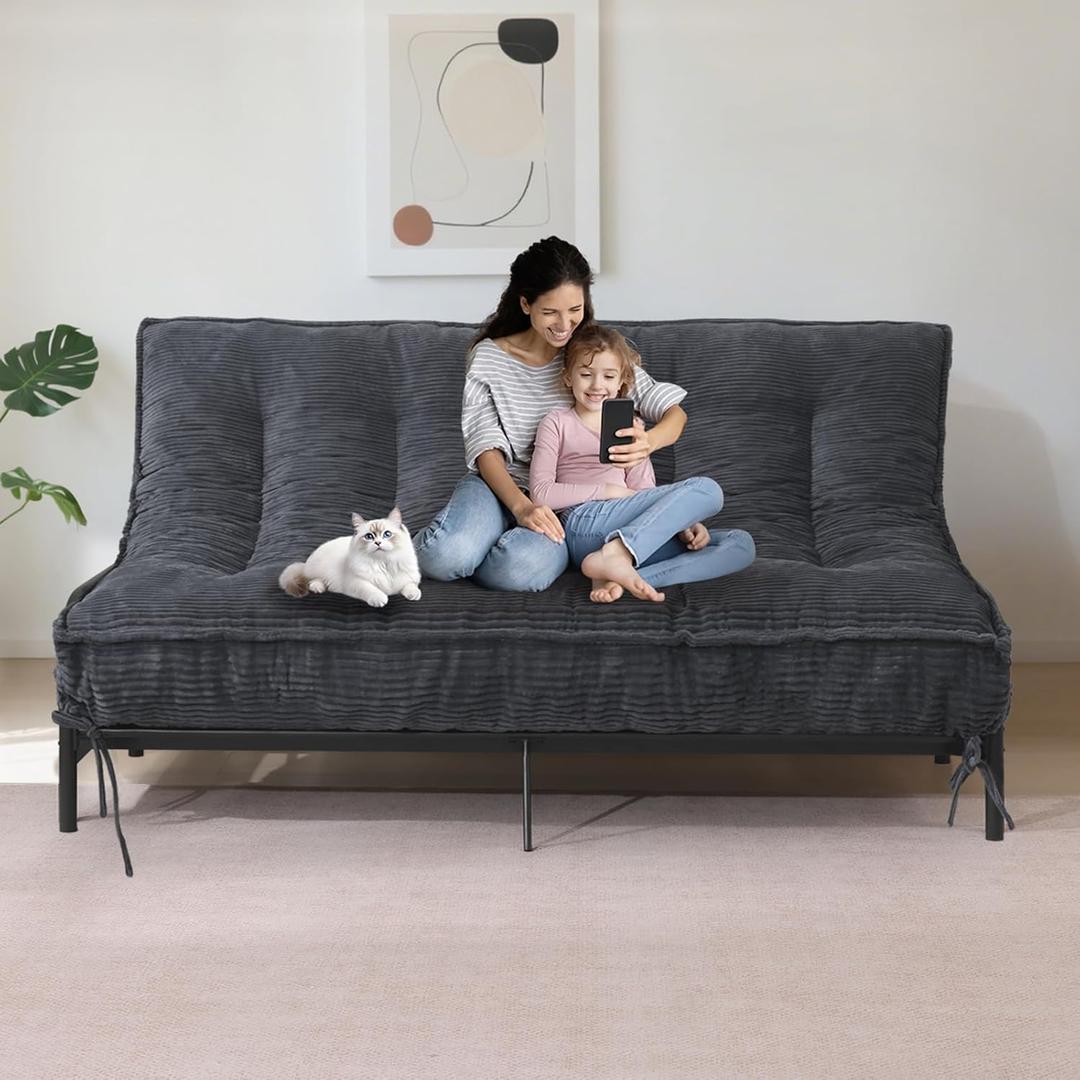 8" Futon Mattress Full Size, Thick Futons Sofa Couch Bed Sleeper Sofa Bed, Floor Mattress for Adults, Roll Up Folding Mattres Shredded Foam Filling, Medium Firm(Frame Not Included), Grey 