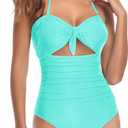 Tempt Me Women Sexy Cutout One Piece Swimsuits Tummy Control High Waisted Halter Front Tie Knot Bathing Suit (Turquoise)