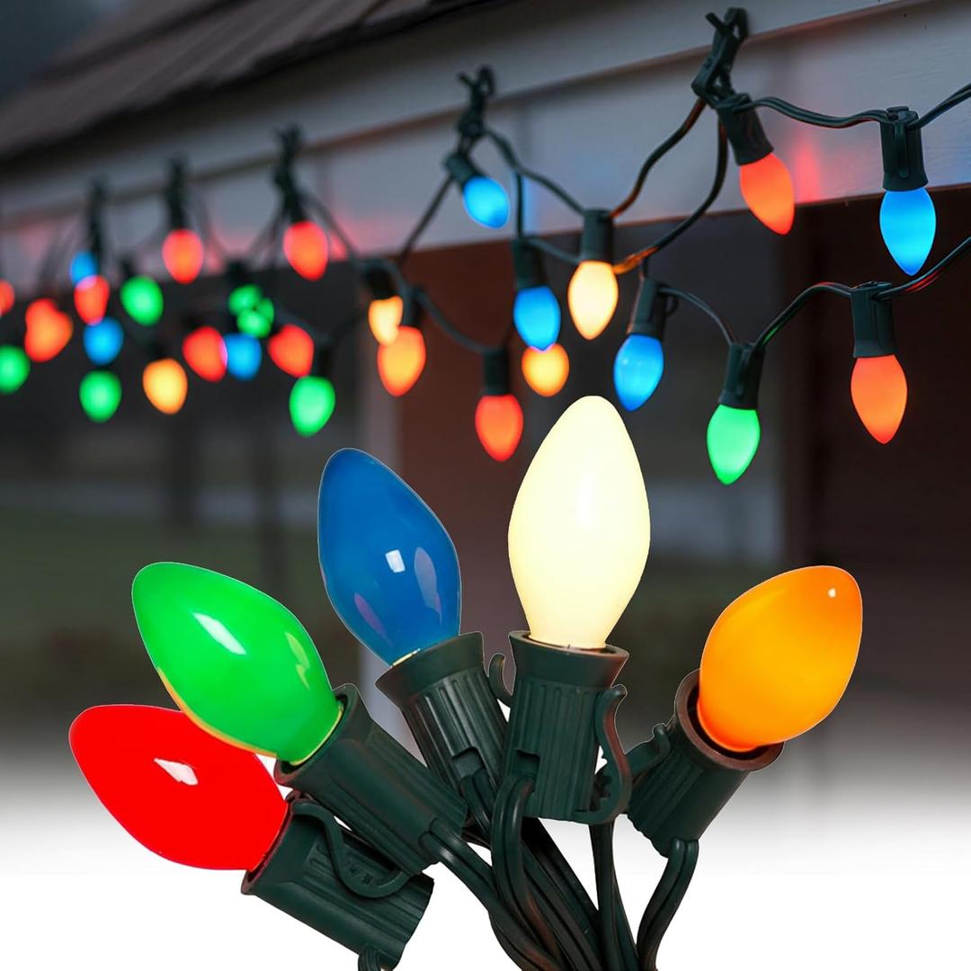 SUNSGNE 25Ft Multicolor Christmas Lights Outdoor, C7 Vintage Christmas String Lights with 27 Multicolor Ceramic Bulbs(2 Spare) for Holidays, Christmas Prom Party Wedding- Green Wire