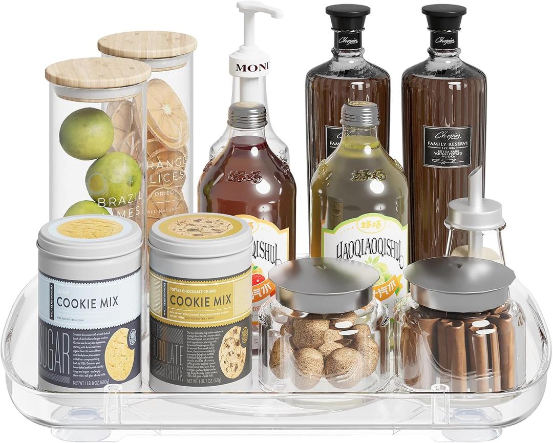 Clear Lazy Susan Organizer for Refrigerator Rectangular Fridge Turntable Organizers and Storage Pull Out & 360Rotating for Cabinet, Pantry, Kitchen, Table, Bathroom (1-Pack 13.7"x10.2")