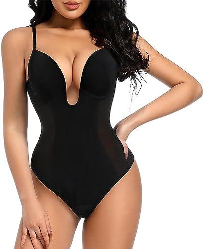 Decorus Women's Low Back Shapewear Tummy Control Deep V Neck Backless Body Shaper Plunge Thong Bridal Bodysuit Built in Bra, XXL, Black