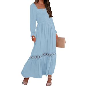 ZESICA Women's 2025 Boho Long Sleeve Square Neck Smocked High Waist Flowy A Line Lace Trim Maxi Dress Light Blue XL