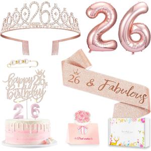 Awfrky 26th Birthday Decorations for Her Women, Including 26 year old Birthday Cake Topper, Queen Sash with Pearl Pin, Sweet Rhinestone Tiara Crown, Number Candles and Balloons Set, Rose Gold