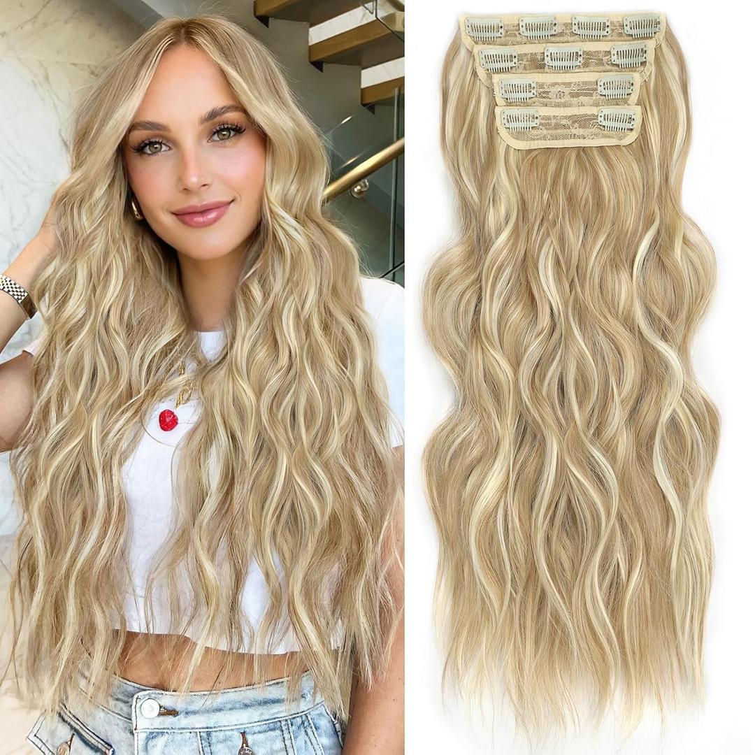 ALXNAN Clip in Long Wavy Synthetic Hair Extension 20 Inch Beach Blonde 4PCS Thick Hairpieces Fiber Double Weft Hair for Women