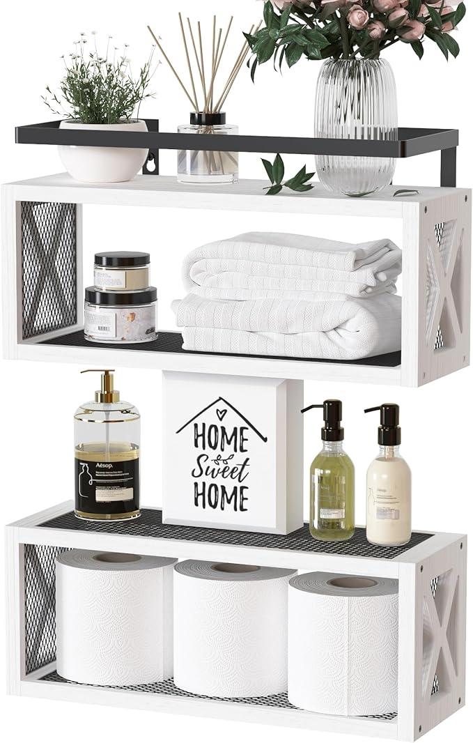 RICHER HOUSE Floating Shelves with Guardrail, Rustic Wood Shelves for Wall Décor, Farmhouse Bathroom Accessories Wall Mounted, Bathroom Organizer Over Toilet Storage, Kitchen, Living Room  White