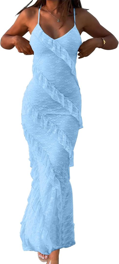HOCILLE Women's Sexy V Neck Floral Lace Wedding Bodycon Spaghetti Strap Elegant Ruffle Maxi Cocktail Party Dresses (Blue, S)