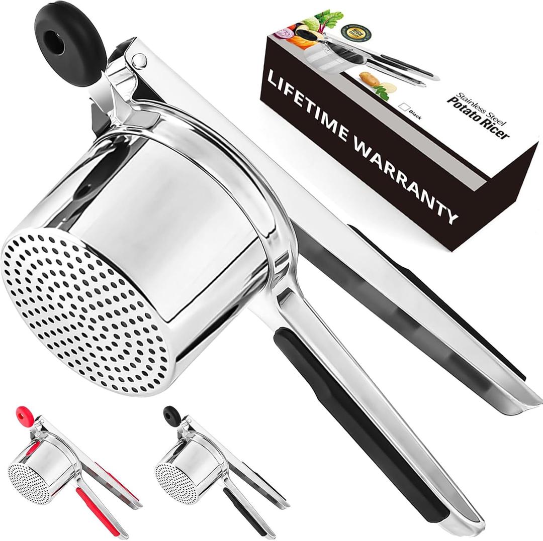 Large 15oz Stainless Steel Potato Ricer with Silicone Grip - Heavy Duty Masher for Smooth Mashed Potatoes, Purees (Black)