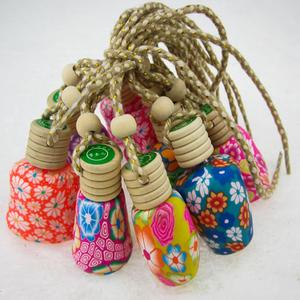 10 PCS Car Air Freshener 8ml Polymer Clay Empty Glass Bottle with Wooden Cap& Rope, Essential Oil Diffuser Perfume Aromatherapy Pendant for Auto Interior Decoration Fragrance Ornament - Random