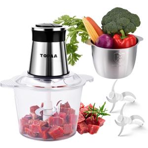 TOPAA Food Processors 2-Speed Electric Meat Grinder For Home Use Vegetable Chopper - 2 Bowls (12 Cup+12 Cup) with Powerful 300W Copper Motor - Includes 2 Sets of Bi-Level Blades for Fruits/Meat/Nuts
