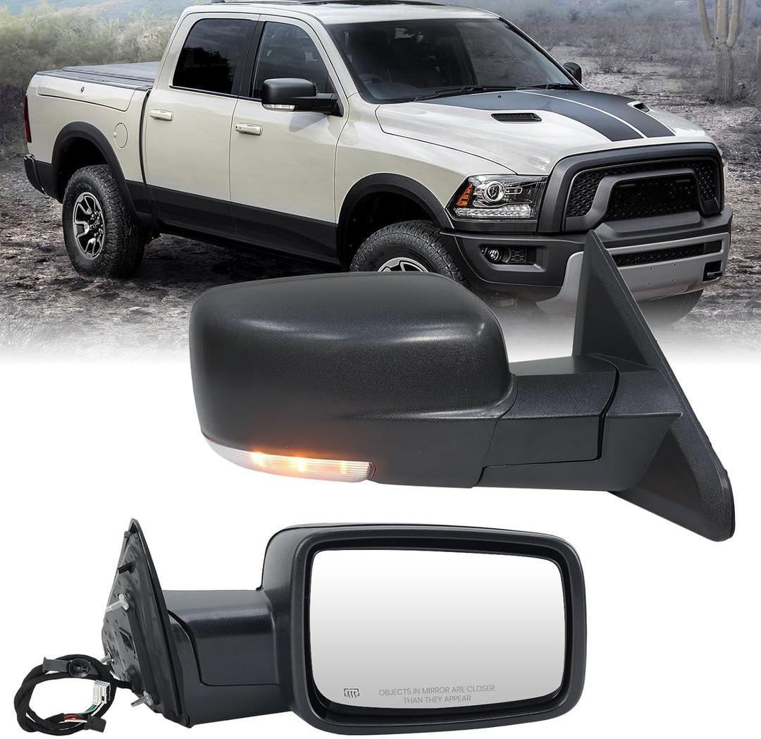 Passenger Side Mirror Compatible with 2009-2018 Dodge Ram 1500 2010-2018 Dodge Ram 2500 3500 4500 Mirror with Manual Fold Heated Turn Signal Light Puddle Light Black9 Pins