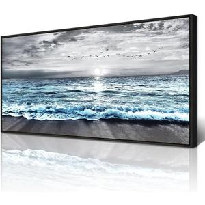 Wapluam Large Black Framed Wall Art For Living Room Wall Decorations For Bedroom Office Wall Decor Black And White Wall Painting Blue Sea Wave Pictures Artwork For Modern Beach Canvas Prints Poster (40L" x 20W")