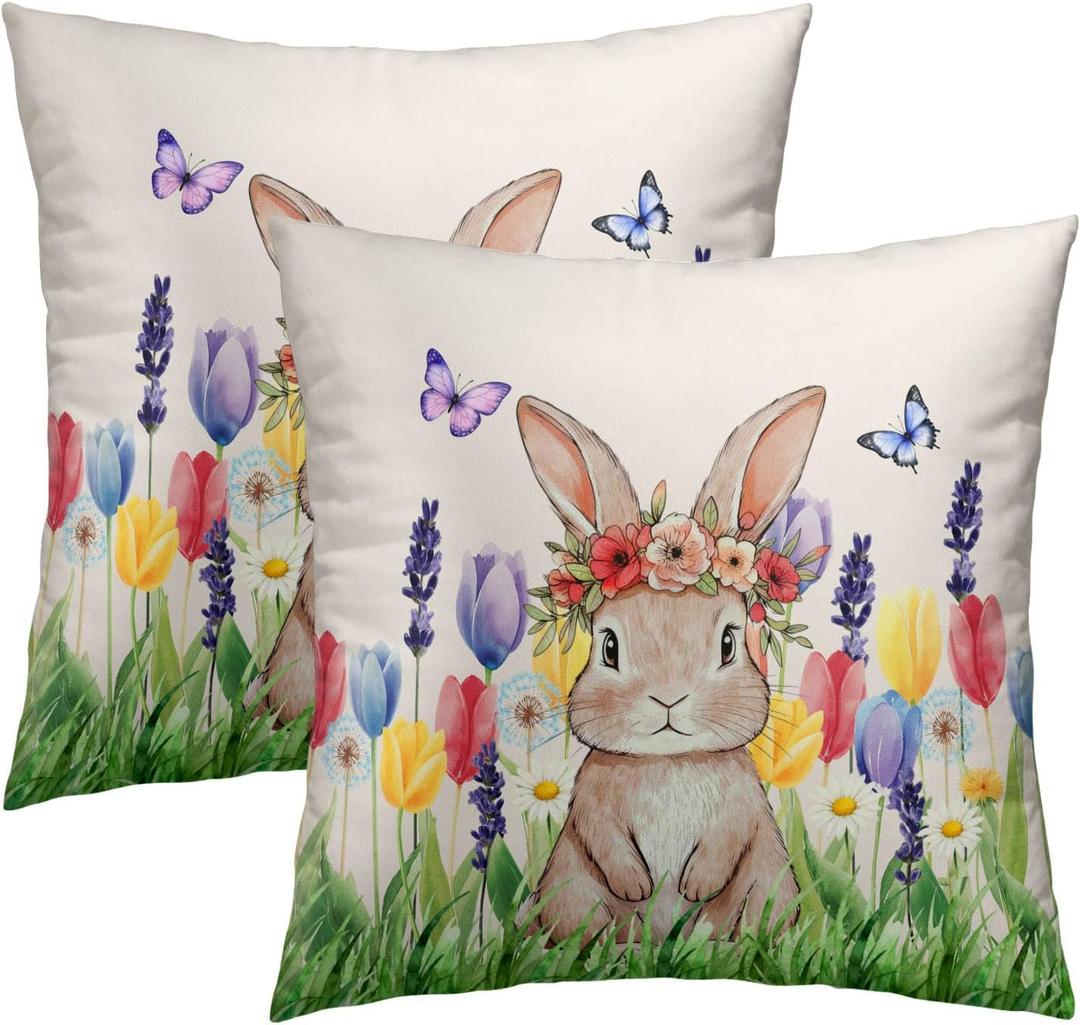 Easter Bunny with Flower Wreath Throw Pillow Covers 18X18 Inches Set of 2 Spring Colorful Tulip Butterflies Pillowcase Soft Cotton Square Seasonal Cushion Covers for Living Room Sofa Bedroom Decor